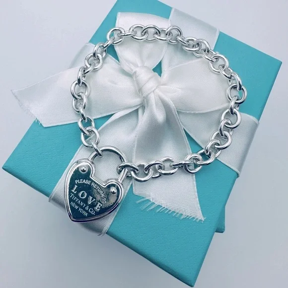 Return to Tiffany & Love Heart Padlock Bracelet in Silver with Packaging